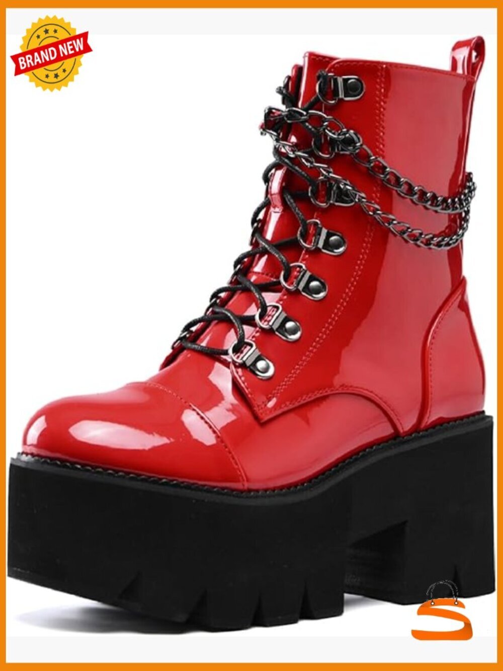 Patent Leather Platform Block Heel Goth Ankle Boots with Side Zipper Lace Up
